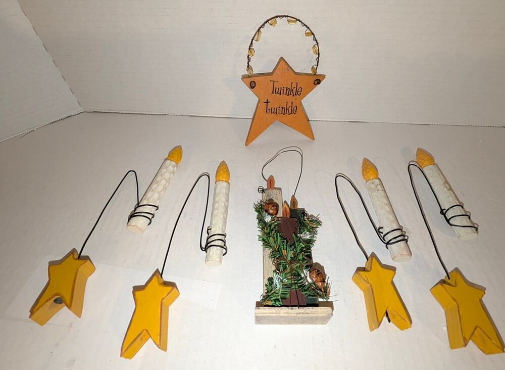 Vintage Wood Carved Lit Candle On Wire With Star Hanging Christmas Ornament